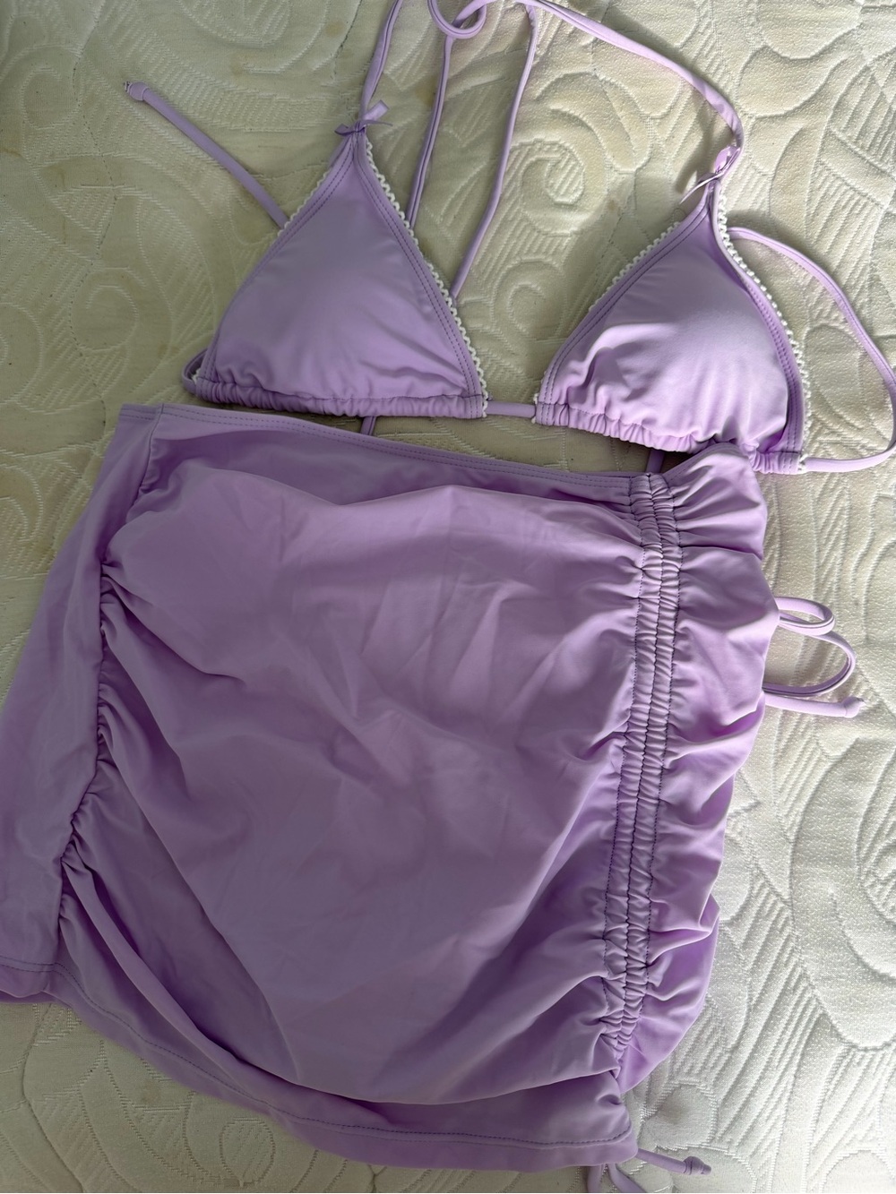 Lilac Triangle Bikini Top with Matching Ruched Skirt Swim Set